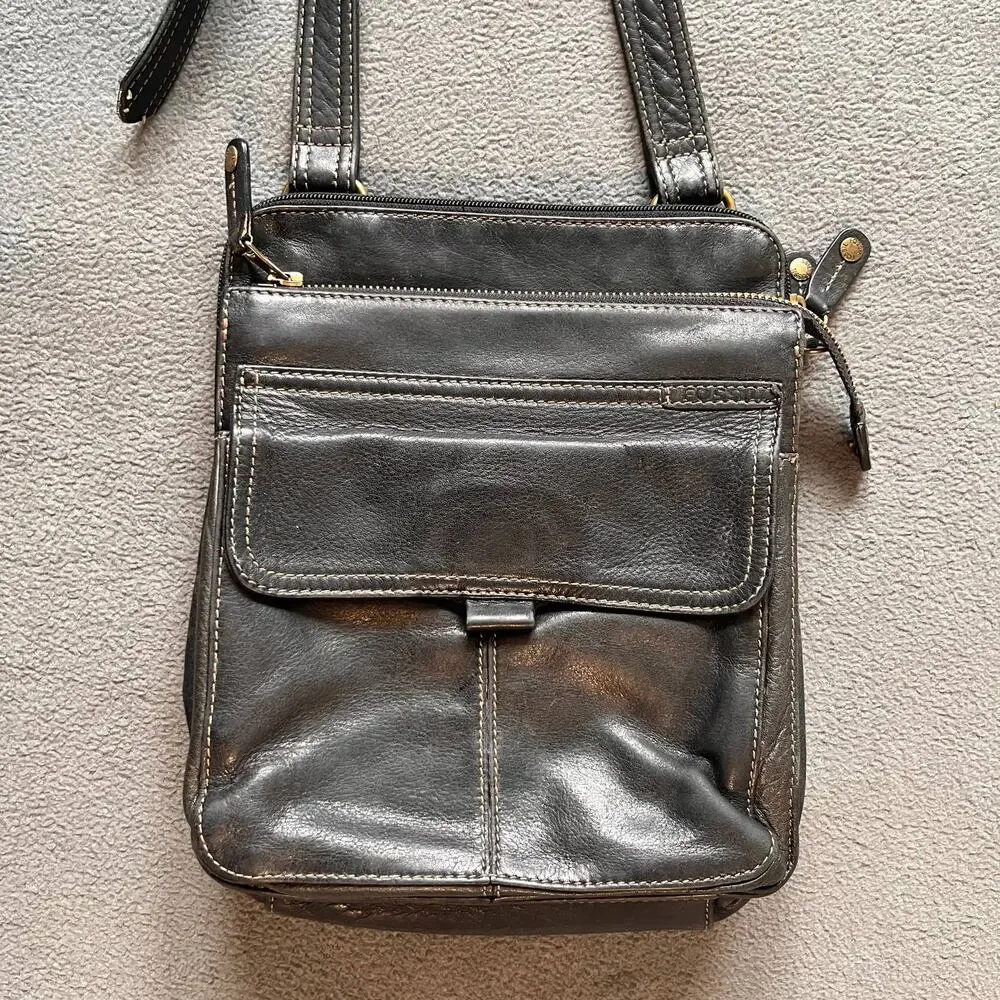 VTG Fossil Leather Shoulder Bag Black Unisex Minimalist Organizer Purse Retro